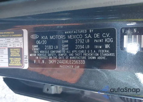 2020 Kia Forte Lxs z USA, uszkodzony, nr VIN 3KPF24ADXLE256333